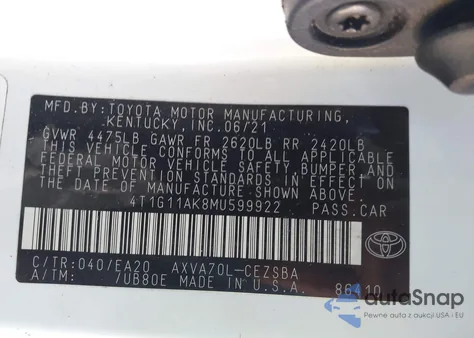 2021 Toyota Camry Se z USA, uszkodzony, nr VIN 4T1G11AK8MU599922